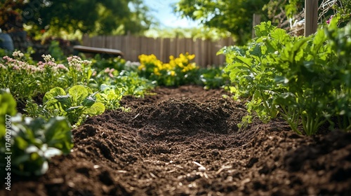 Inviting garden path leading through rows of vibrant green vegetables and flowers