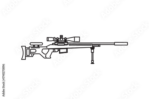 Detailed Black and White Line Drawing of Tactical Sniper Rifle with Scope and Bipod, Modern Firearm Illustration