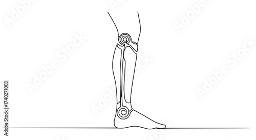 Line drawing of a leg with a prosthetic joint mechanism concept of single-line vector  