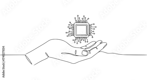 Hand holding computer chip with circuits in single-line vector design  