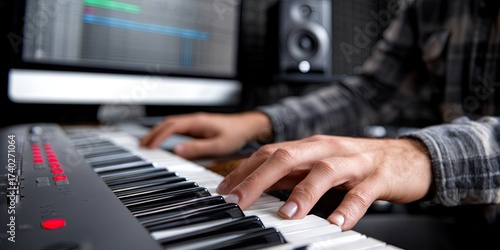 Modern musician playing classical music on synth keyboard attached to computer to act as a midi controller