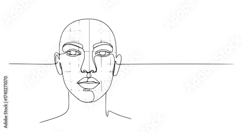 A human face outline in a broken grid in single line vector art style