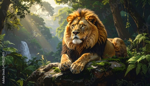Magnificent Lion Reclining in a Lush Jungle Scene with Dramatic Lighting