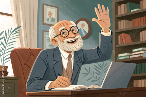 old professor businessman with glasses and books in his room cartoon vector illustration background