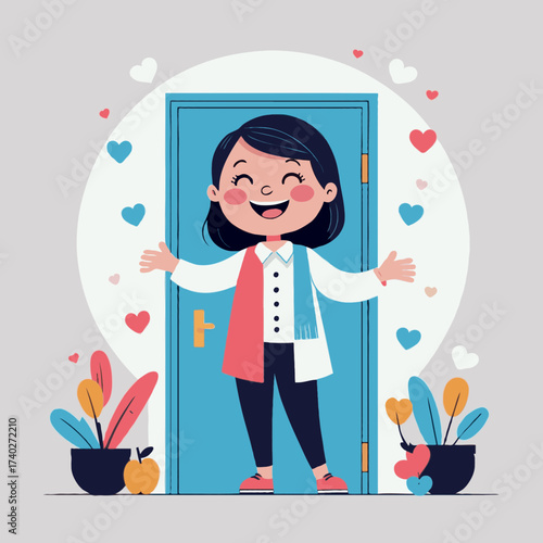 Happy girl welcoming guests through an open door surrounded by plants  