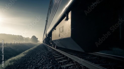 Low Angle View of a Train Moving on Tracks Through Misty Landscape