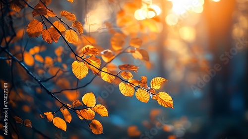 Fototapeta Naklejka Na Ścianę i Meble -  Autumn Leaves Illuminated by Golden Sunlight in a Forest fall tree photo