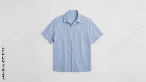 Light blue short sleeve button up shirt with point collar and subtle check pattern on white background