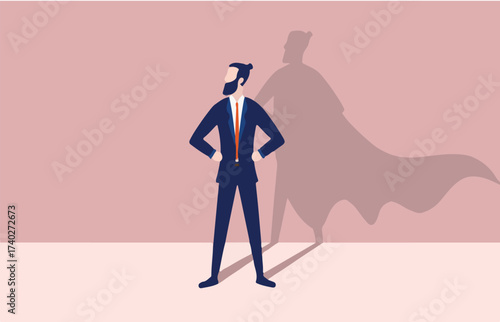 Business hero - Bearded hipster businessman standing proud and casting superhero shadow on wall. Heroic, courageous and brave man concept. Vector illustration