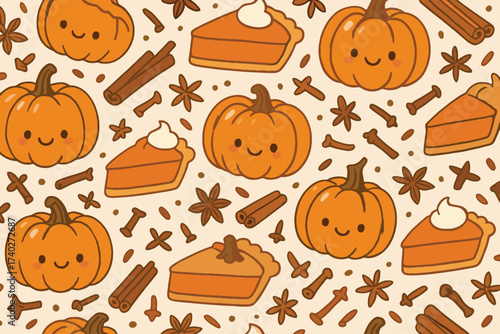 Cute kawaii autumn pattern with pumpkins and pumpkin pie slices
