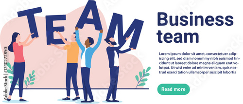 Business team web banner -Four people holding up letters as a metaphor for teamwork. Flat design vector illustration with white background and copy space for text