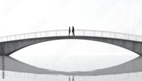 Minimalist image of two people standing on a bridge in monochrome scenery