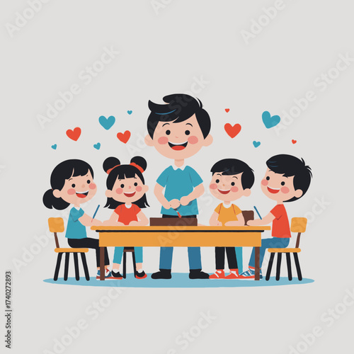 Teacher engaging with children at a desk in a colorful classroom  