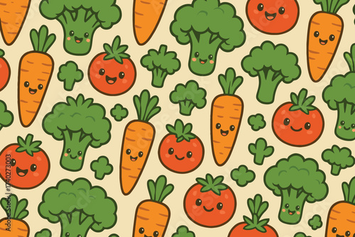 Seamless pattern of cute cartoon vegetables like broccoli and carrots with happy faces