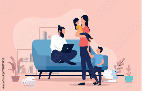 Busy dad working - Man doing work indoors with wife and kids waiting. Flat design vector illustration