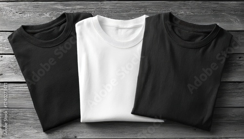 Three folded blank t-shirts, black, white, and black, arranged on a wooden surface
