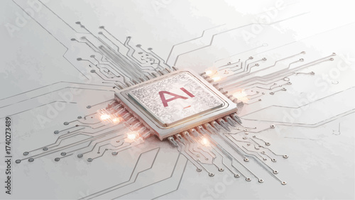 Close up of an ai chip with intricate circuit board patterns and subtle glowing effects on a white surface