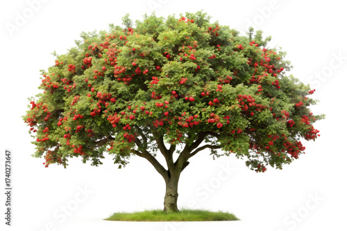 Lush green tree with vibrant red berries isolated on transparent background