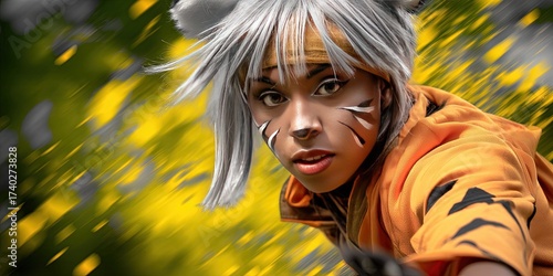 dynamic angle photo of a gen z woman cosplaying as a tiger RPG character