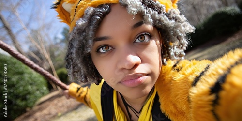 dynamic angle photo of a gen z woman cosplaying as a tiger RPG character