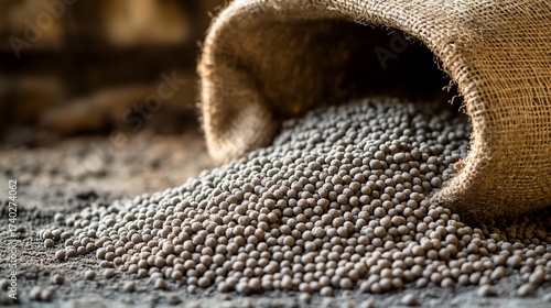Nutrient-Rich Fertilizer Pellets Spilling from a Burlap Sack in Close-up Detail Agriculture