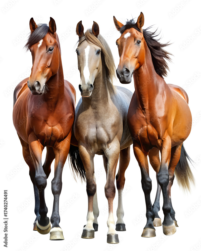 Fototapeta premium Three beautiful horses standing together isolated on transparent background