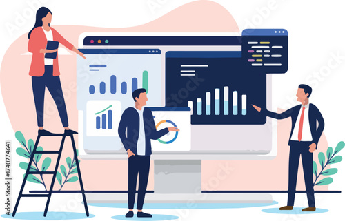 Business data processing - Group of businesspeople working and analysing and sorting various digital information charts, graphs and diagrams on computer screen. Flat design vector illustration