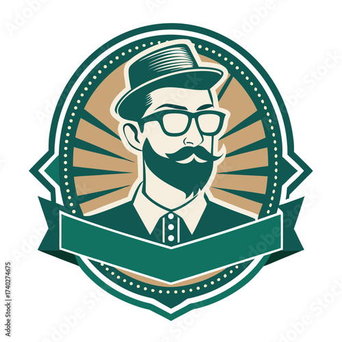 Vintage Gentleman Emblem With Mustache And Hat retro