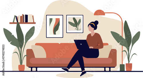 Woman with laptop in couch at home - Person sitting cross legged with computer in sofa, relaxing and enjoying spare time online surfing on internet web. Flat design vector illustration