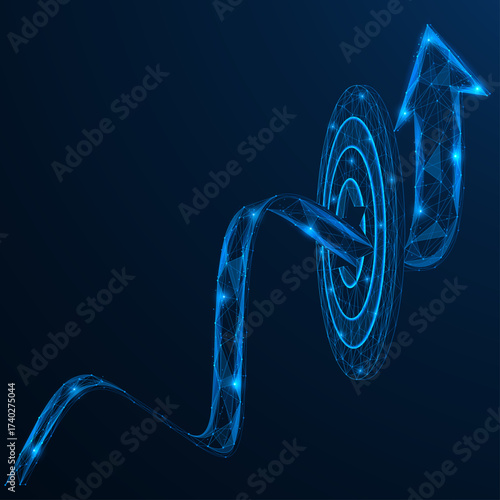 A breakthrough to success. The arrow that pierces the target and heads up. The concept symbolizes the achievement of a goal, a successful strategy, growth and moving forward.