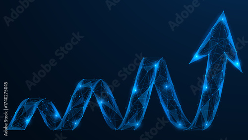 A wave of progress. An arrow that spirals upward, symbolizing growth, development and moving forward. Polygonal design, blue background.