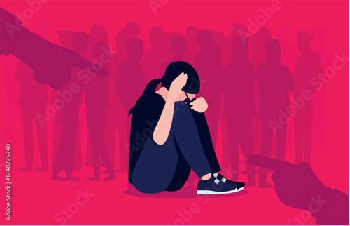 Social anxiety and social phobia illustration. Woman having overwhelming fear of social situations. People in background and hands pointing on red background. Mental health concept. Vector format