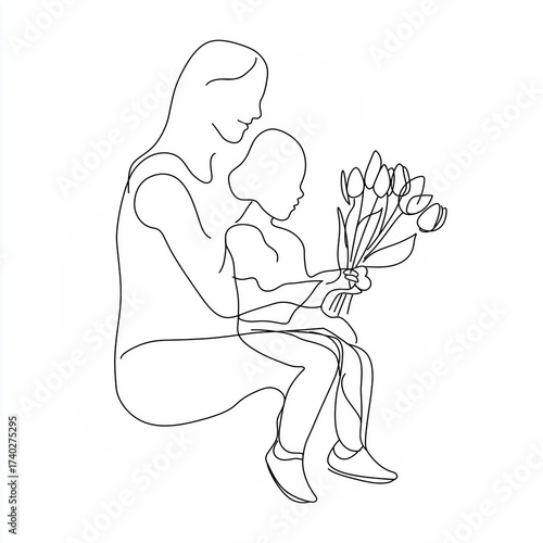 Mother holding daughter and receiving flowers for International Women’s Day  