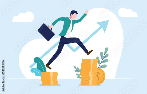 Business and career growth - Casual business man jumping on stack of money with rising arrow in background. Success concept, vector illustration