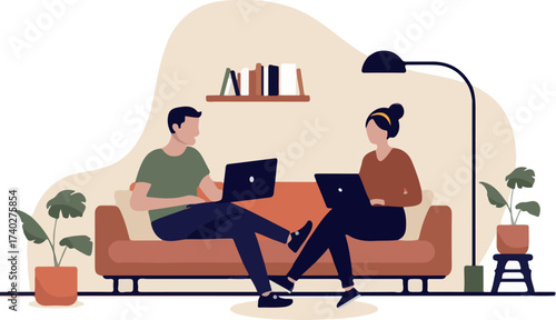 Couple using computer while sitting in couch at home - Two people with laptops relaxing or working from home in living room together. Flat design vector illustration isolated on white background