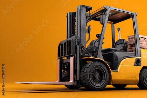 Industrial forklift, angled view,  yellow and black