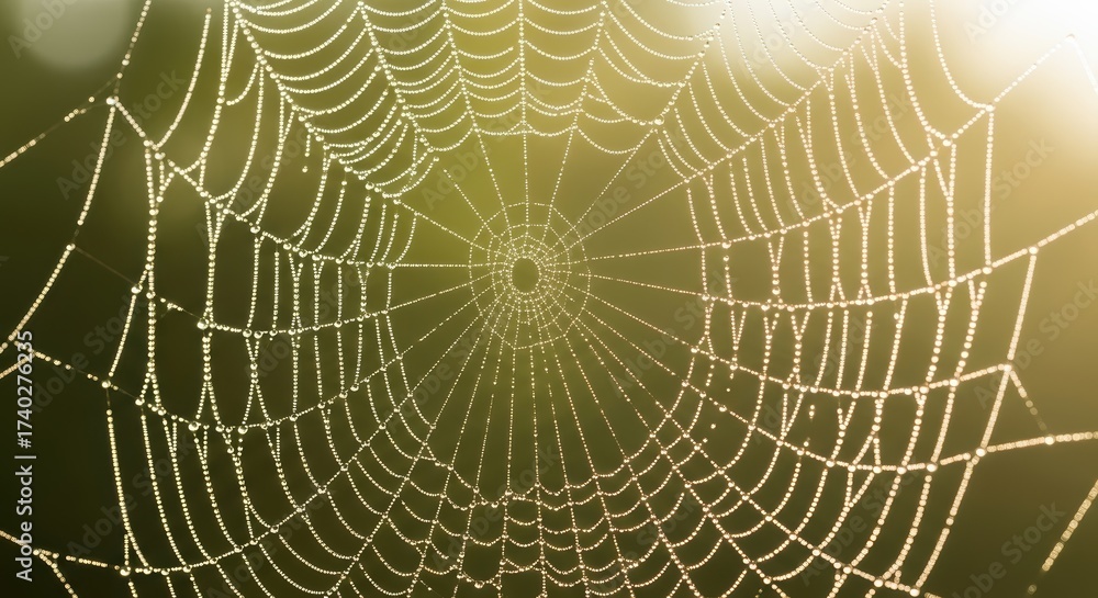 Fototapeta premium Spiderweb covered in morning dew drops