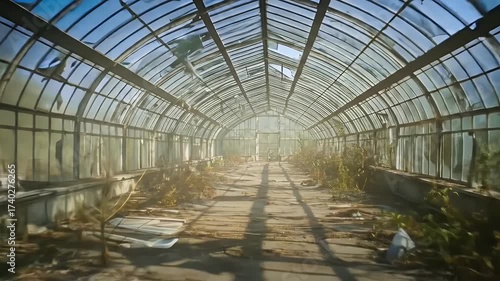 Sunlight Beams Through an Old Abandoned Greenhouse Tunnel.