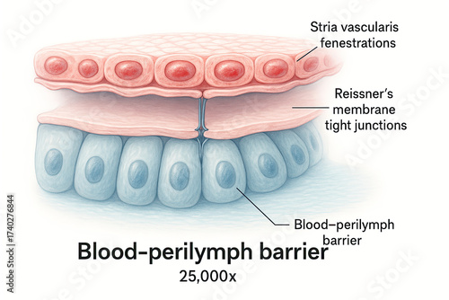 Detailed illustration of the blood-perilymph barrier in the inner ear, showing stria vascularis fenestrations, Reissner's membrane with tight junctions, and the barrier itself.