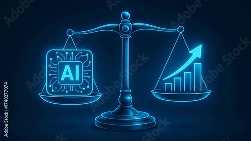 A futuristic illustration of a balanced scale weighing AI technology against growth metrics, symbolizing innovation and progress.