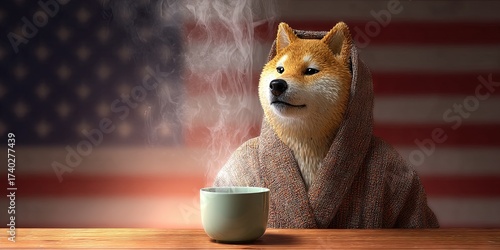 photo of anthropomorphized doge shiba inu wearing bathrobe sitting at table drinking cup of coffee, burning american flag in background 