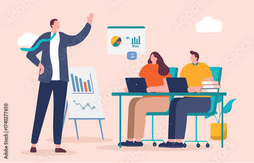 Business course and lecture - Businessman teaching adult students about corporate finance with graphs and charts. Flat design vector illustration
