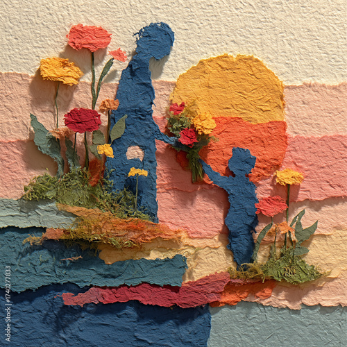 Mother and child holding hands surrounded by colorful flowers  