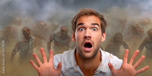 comically scared man with rampaging zombies behind him