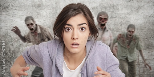 comically scared woman with rampaging zombies behind her