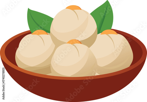 Bowl of steamed dumplings with green leaves food asian cuisine