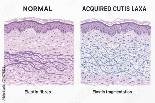 Microscopic comparison of normal skin histology versus acquired cutis laxa, illustrating elastin fiber structure and fragmentation.