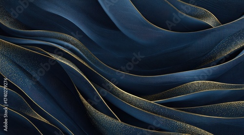 Deep blue fabric with gold accents, flowing curves