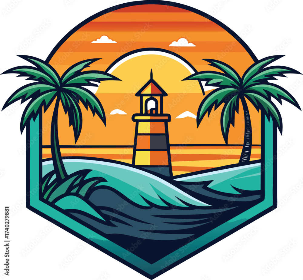 Obraz premium Lighthouse on a tropical island with palm trees and ocean waves lighthouse, tropical