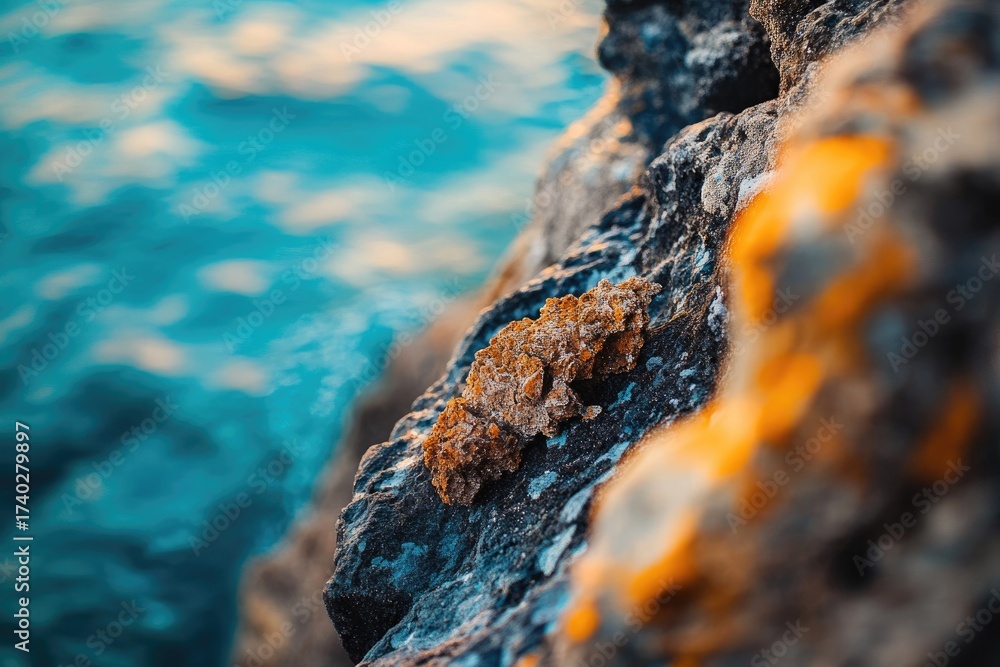 Fototapeta premium A close-up of textured rock with orange lichen, contrasting with blurred turquoise ocean waters, creating a vibrant natural scene.